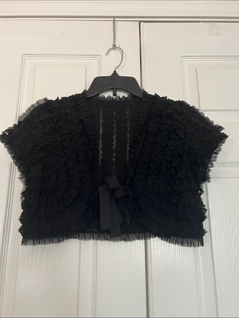 Black Lightweight Layered Ruffled Cropped Bolero Shrug Front Tie Closure Small